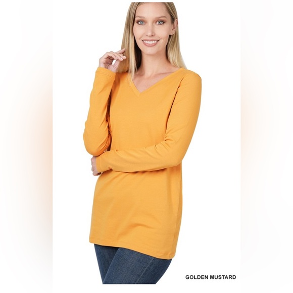 Zenana Golden Mustard Cotton spandex V Neck Long Sleeve Top - Picture 1 of 4